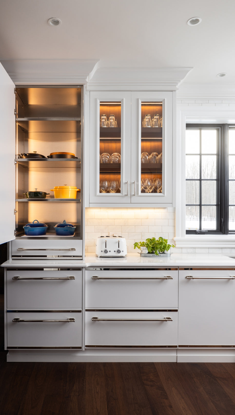 White Kitchen Cabinets with Silver handle and glass doors